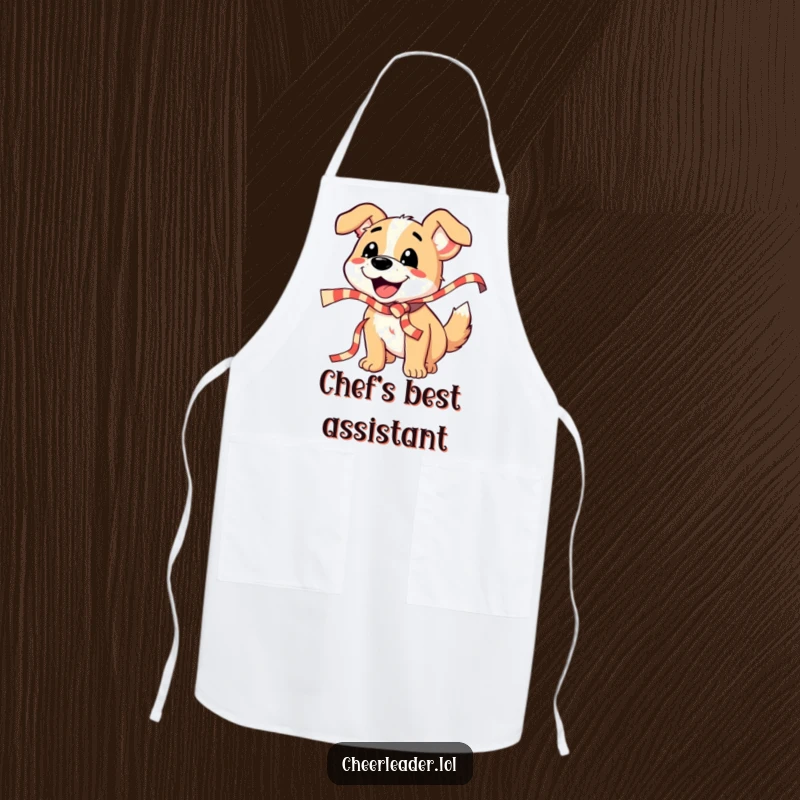 Funny Dog Apron: A smiling dog shakes a striped ribbon and barks, ready to help in the kitchen with festive enthusiasm.