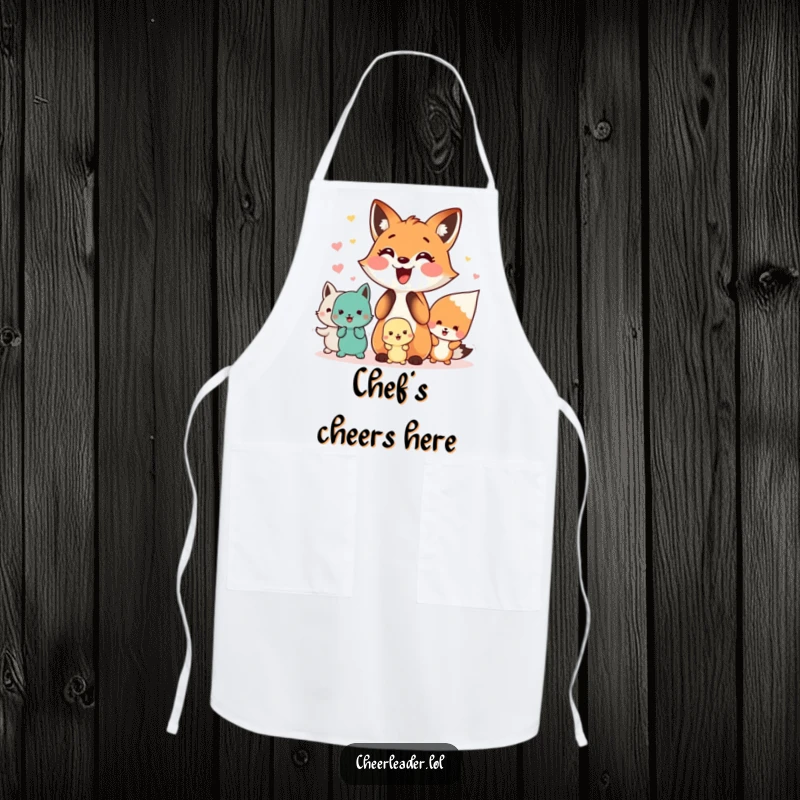 Funny apron with a happy fox leading a cheer squad of small animals, ideal for adding team fun to cooking.