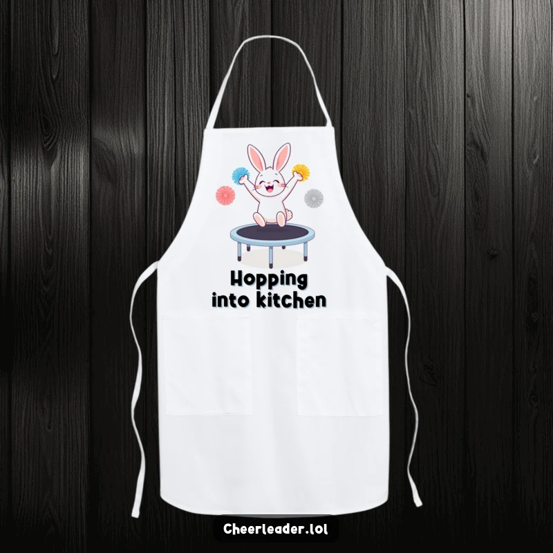 Funny bunny with pom-poms, energetically bouncing on a trampoline, featured on a comical chef's apron.