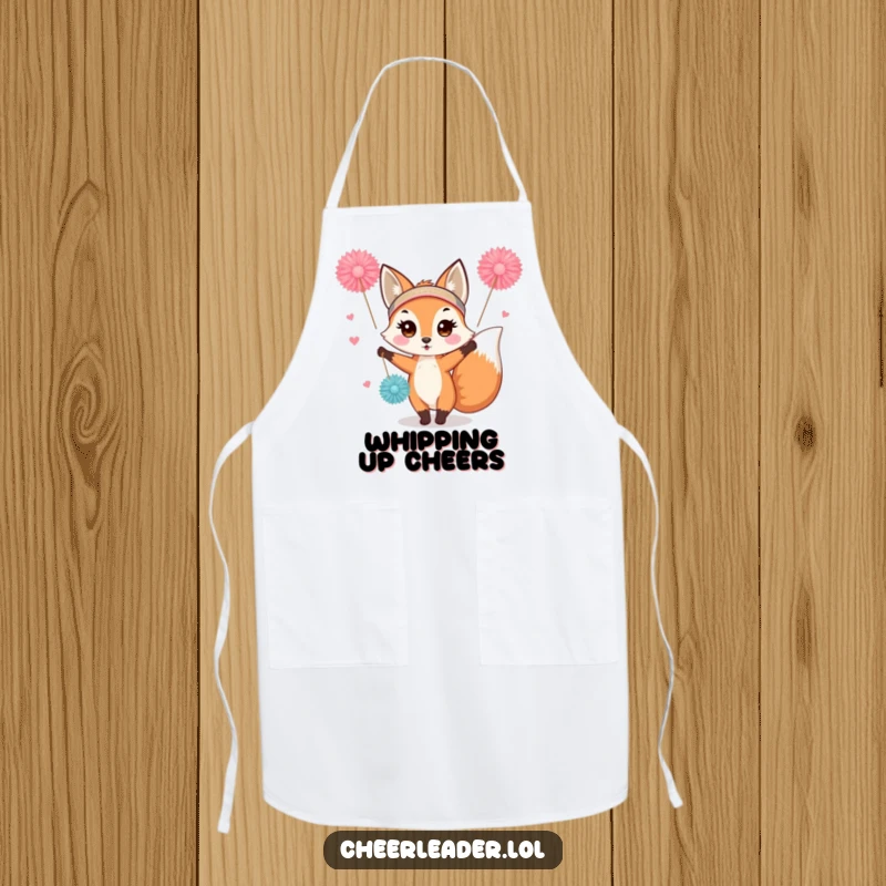 Funny fox cheerleader apron, wearing a headband, waving pom-poms while cooking. Cute and spirited kitchen wear.