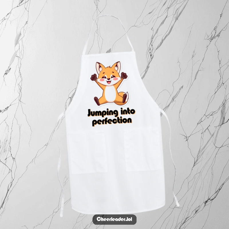 Funny apron featuring a triumphant fox in a split jump with paws raised, ready for kitchen action, a great funny gift.