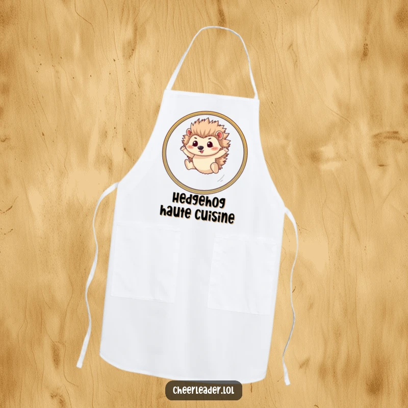 Funny hedgehog apron showing a determined pet leaping through a hoop, ideal for kitchen use with a humorous and athletic flair.