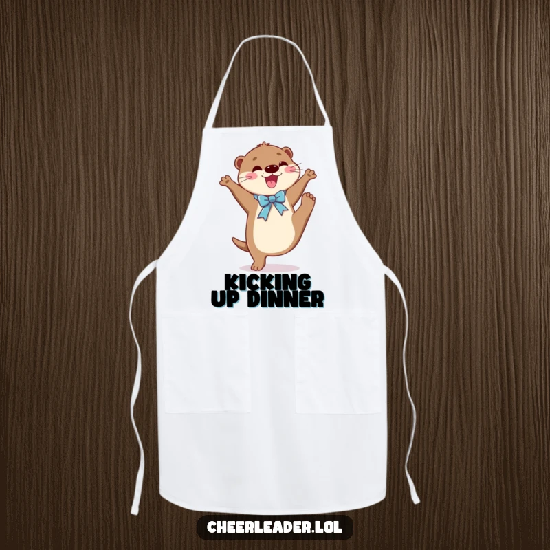 Funny apron showing a joyful otter wearing a ribbon, performing a high kick, ideal for keeping messes at bay with style and energy.