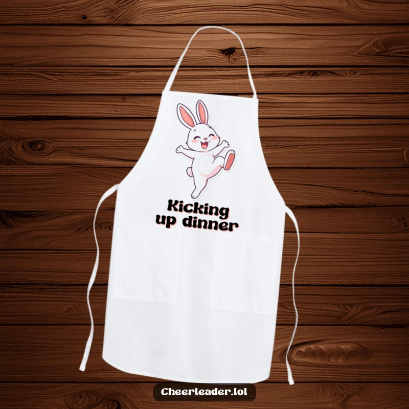 Funny, cheerful rabbit with a big smile doing a high kick on a chef's apron. Playful kitchen wear.