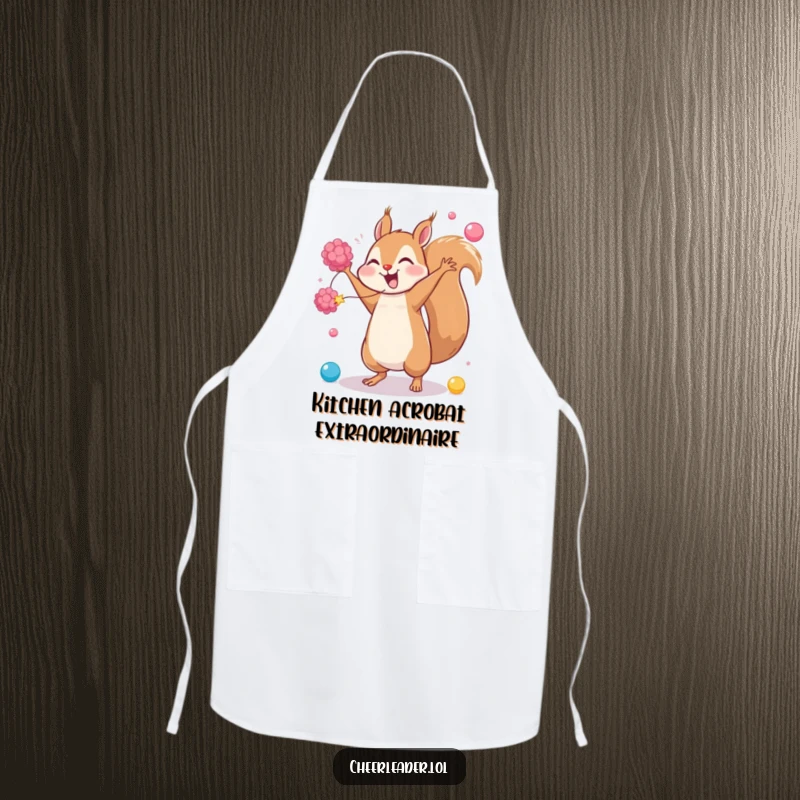 Funny apron depicting a giggling squirrel performing a cartwheel with pom-poms, perfect for keeping aprons clean with spirited kitchen fun.