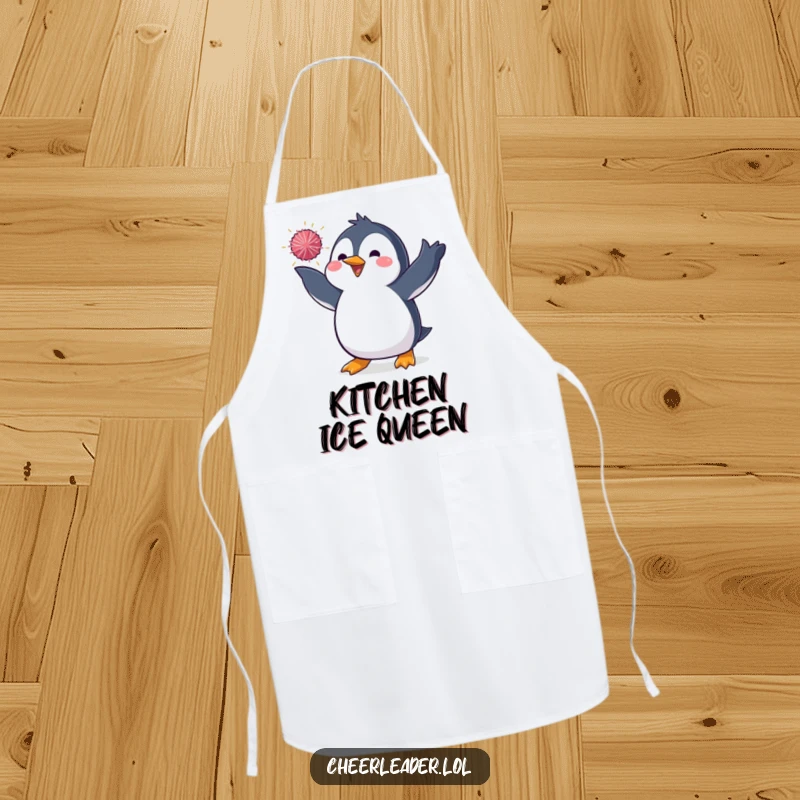 Funny apron depicting a penguin in a dynamic pose, tossing a sparkly pom-pom, adding a humorous and theatrical touch to kitchen wear.