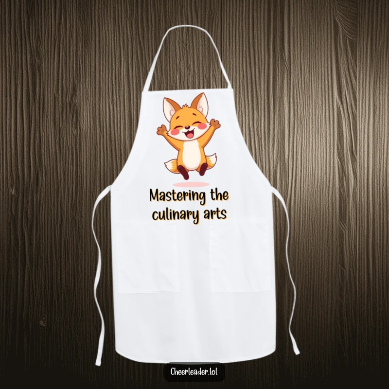 Funny apron featuring a cheerful fox cub in a spirited jump with arms raised, perfect for cooking with joy and keeping clean.