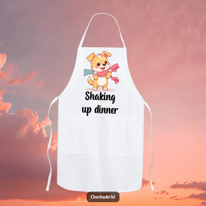 Funny apron showcasing a dog character gleefully shaking a big ribbon, perfect for kitchen fun, a great funny gift.