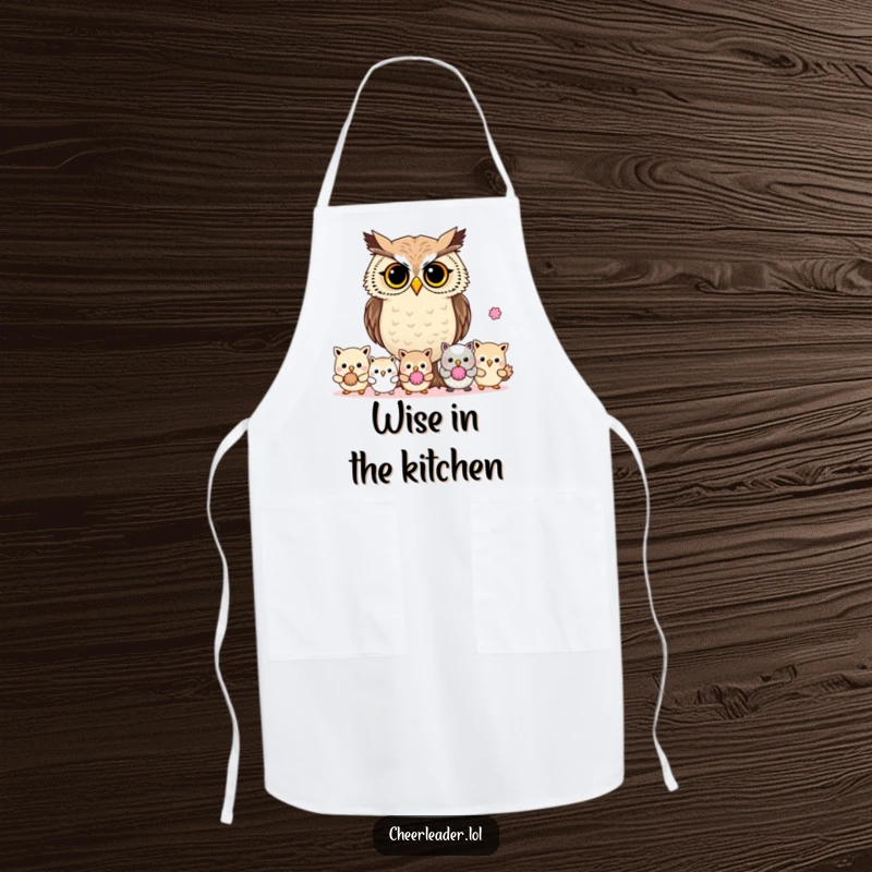 Funny determined owl leading animals with pom-poms, wearing a kitchen apron, cooking humor.