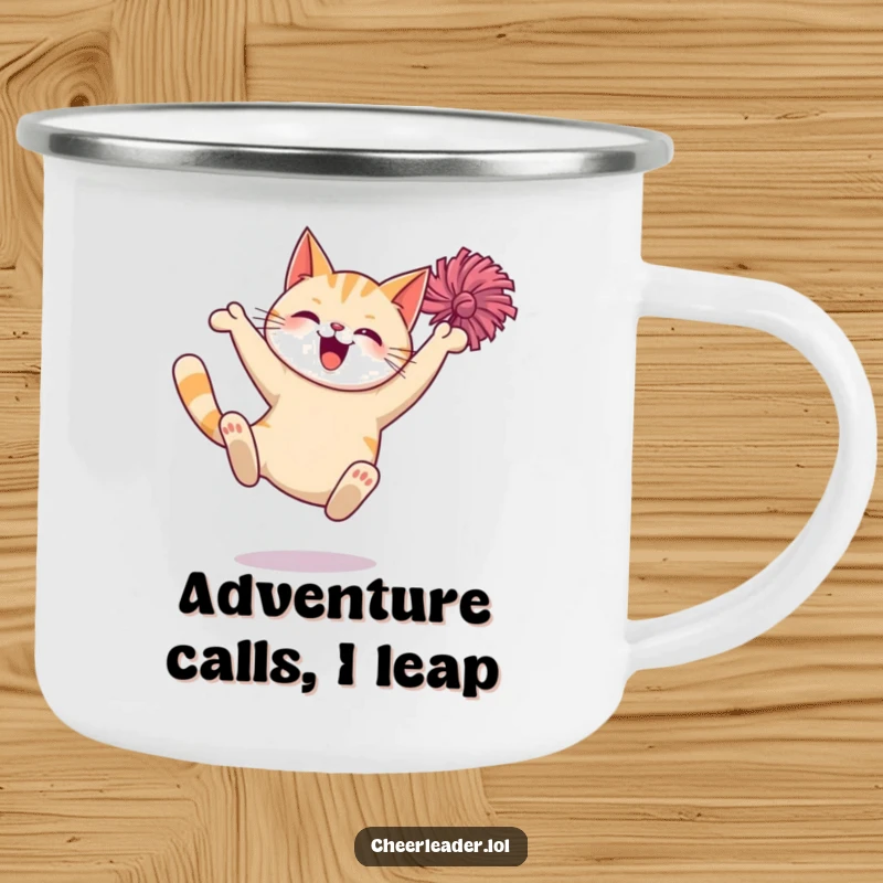 Funny Cat Camping Mug: A rugged mug with a giggling cat mid-pom-pom leap, ready for campfires and chuckles.