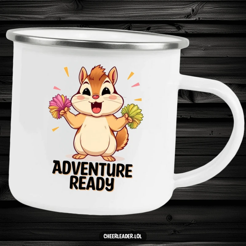 Funny chipmunk camping mug, durable for outdoors, showing a determined chipmunk shaking energetic pom-poms.