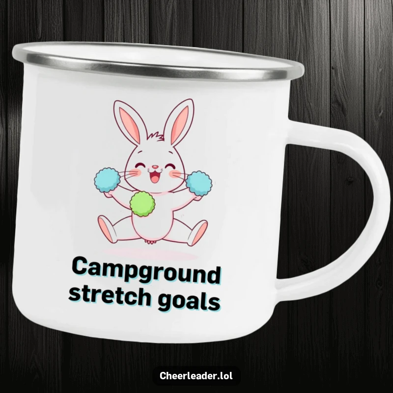 Funny camping mug with a gleeful rabbit doing a split, pom-poms in paws, for adventurous souls who love a laugh.