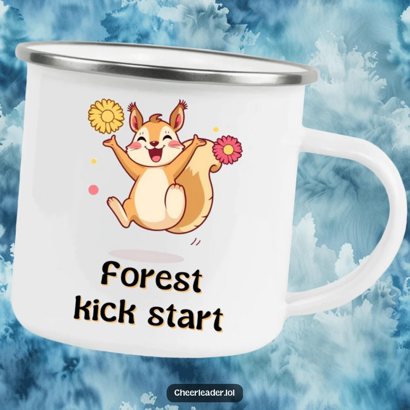 Funny Squirrel Kick Camping Mug: A joyful squirrel doing a high kick with pom-poms, perfect for outdoor cheer and humor.