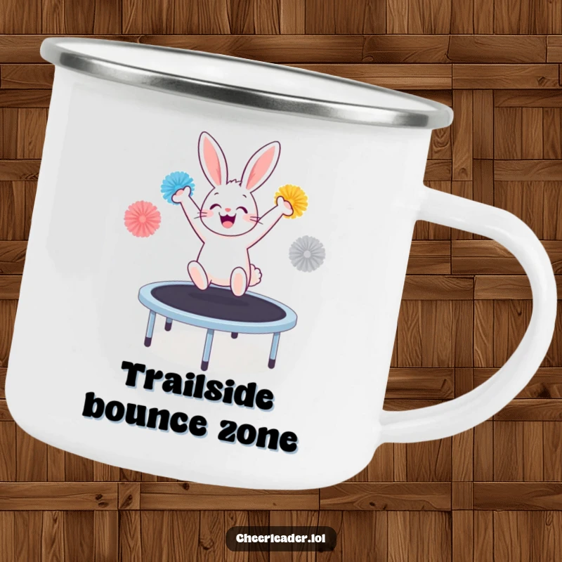 Funny bunny with pom-poms, joyfully bouncing on a trampoline, printed on a sturdy enamel camping mug.