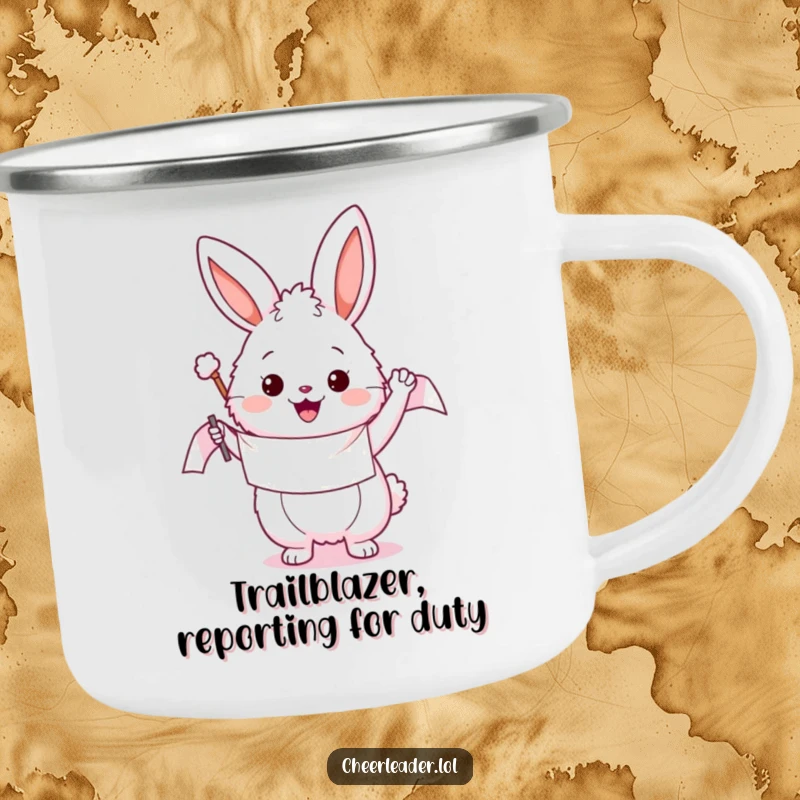 Funny camping mug featuring a fluffy bunny enthusiastically waving a banner, designed for durability and cheer on any outdoor excursion.