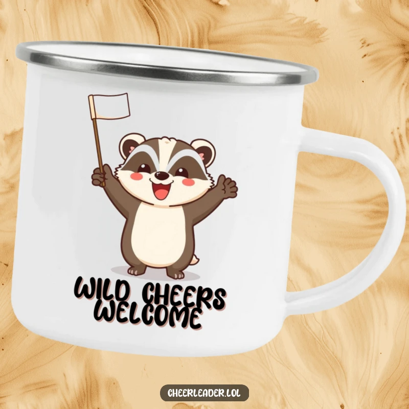 Funny Badger Camping Mug: A rugged mug featuring a smiling badger leading an enthusiastic cheer, ready for any outdoor escapade.