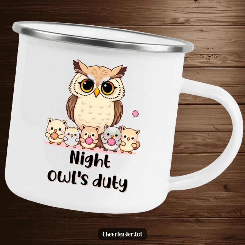 Funny determined owl leading animals with pom-poms, holding a camping mug, outdoor leadership.