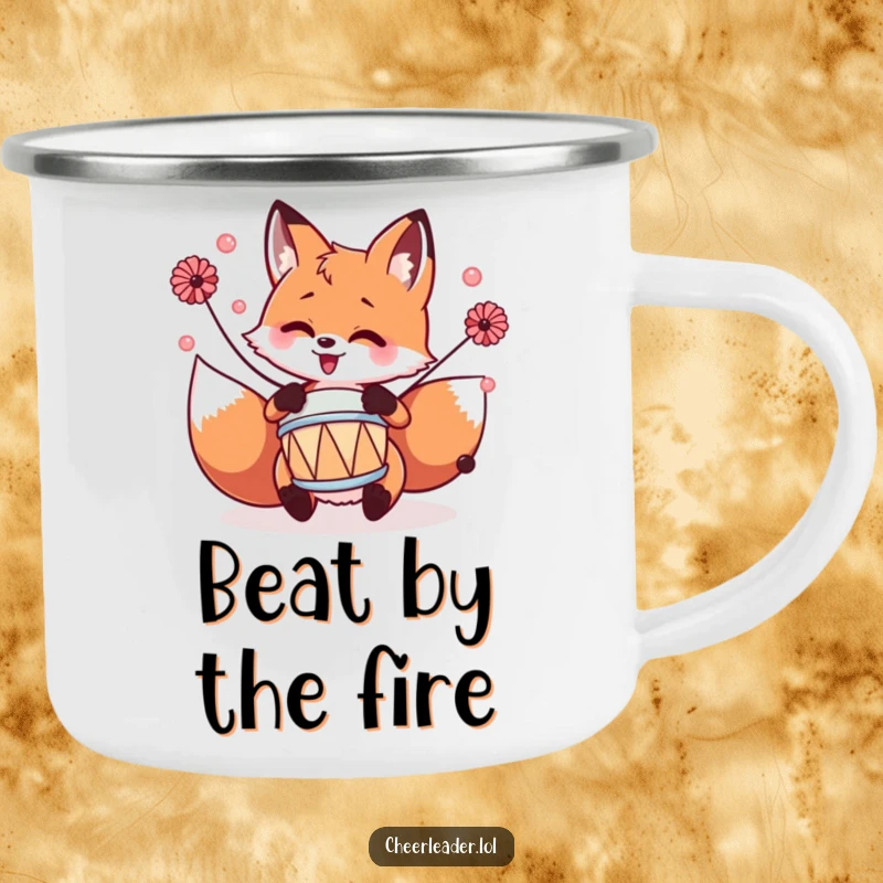 Funny fox playing a tiny drum with pom-poms, ready for adventure, on a sturdy enamel camping mug.