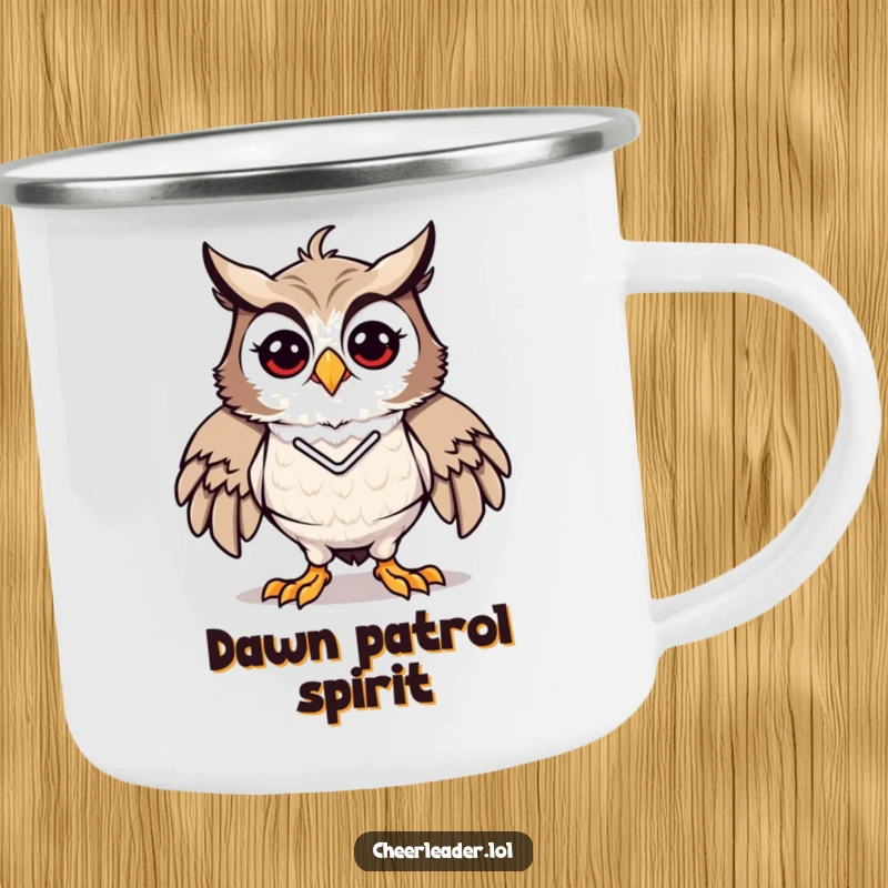 Funny camping mug featuring a proud and energetic owl in a cheerleader pose, perfect for outdoor fun, a great funny gift.