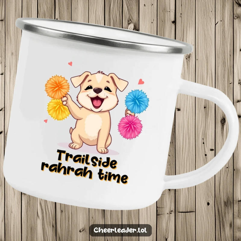 Funny camping mug featuring a playful puppy shaking pom-poms, ready to cheer during outdoor adventures, a durable and humorous drinkware.