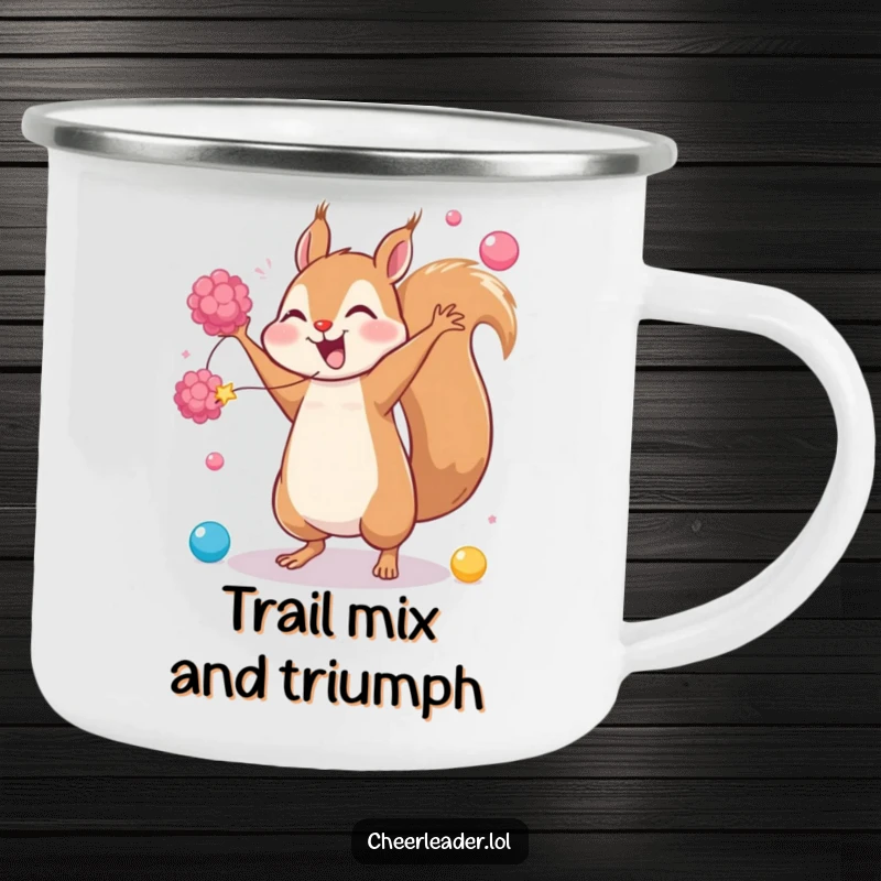 Funny camping mug showing a giggling squirrel doing a cartwheel with pom-poms, built for rugged adventures and cheerful mornings.