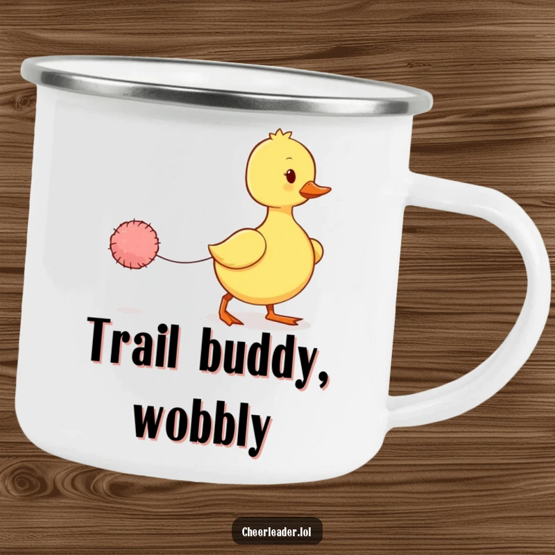Funny Duckling Camping Mug: A rugged mug featuring a wobbly duckling marching with a tiny pom-pom, ready for outdoor fun and charm.