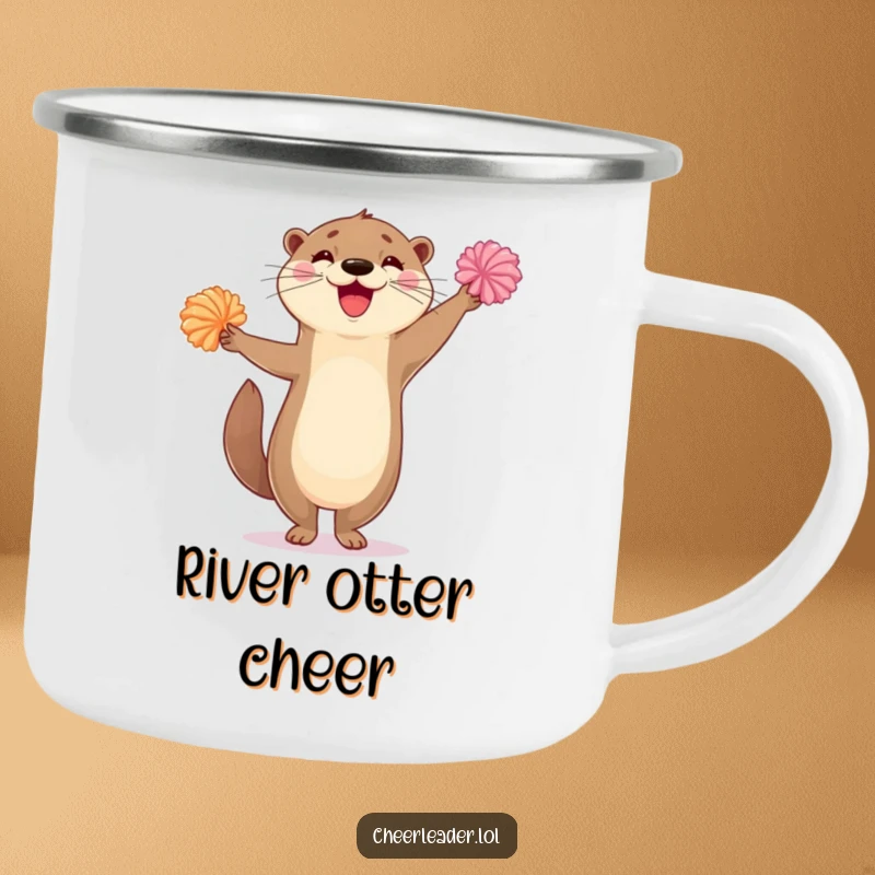 Funny enamel camping mug showing a happy otter balancing on one leg, waving pom-poms with enthusiastic cheerfulness.