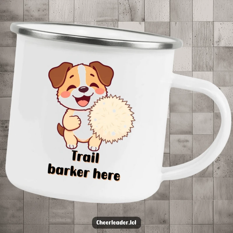 Funny Dog Pom-Pom Camping Mug with a happy dog barking and holding a giant pom-pom, perfect for enjoying drinks outdoors.
