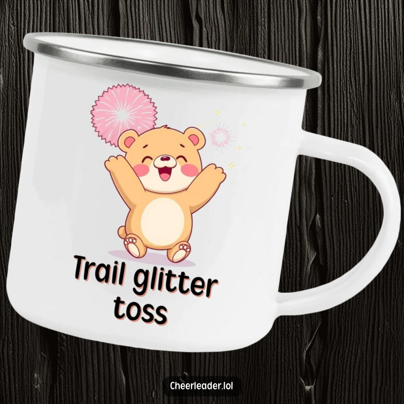 Funny camping mug with a smiling bear cub tossing a sparkly pom-pom, for adventurers who love sparkle and fun.