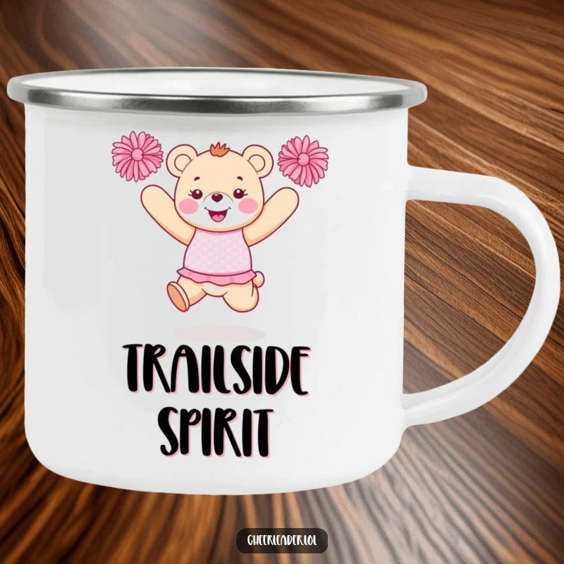 Funny bear cheerleader camping mug with a happy bear in a sparkly uniform jumping with pom-poms, great for outdoors.