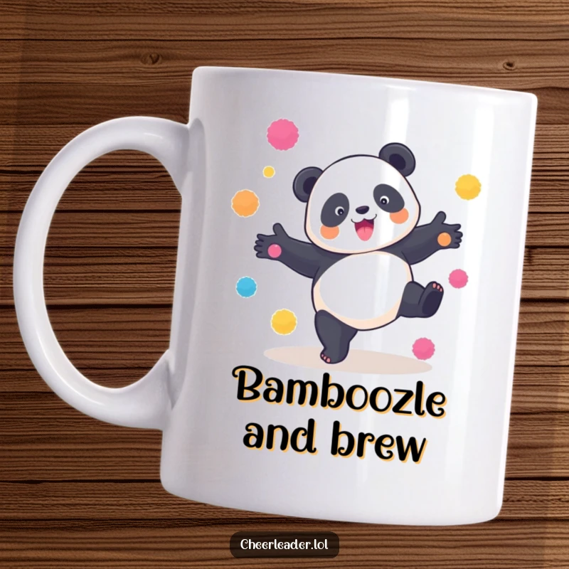 Funny Panda Cartwheel Mug: A playful panda performing a cartwheel with bright pom-poms, radiating cheerful and acrobatic energy.