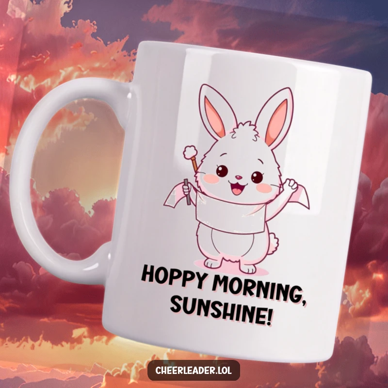 Funny mug featuring a fluffy bunny enthusiastically waving a banner, spreading joy and cheer with a big smile, perfect for gift-givers.