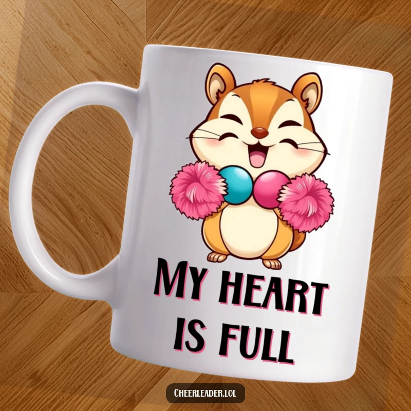 Funny Chipmunk Mug with a beaming face forming a heart shape with two fluffy pom-poms, expressing pure joy and cuteness as a gift.