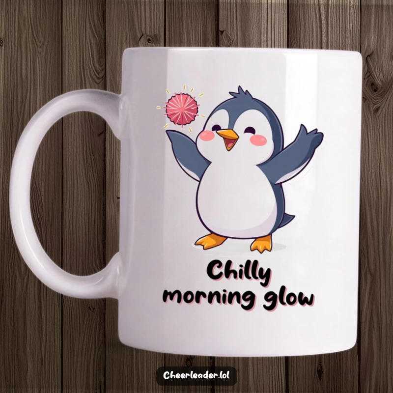 Funny mug featuring a penguin in a dynamic pose, expertly tossing a sparkly pom-pom high into the air with a playful expression.
