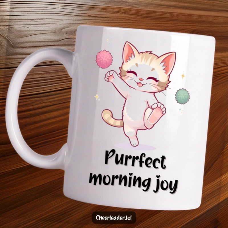 Funny playful kitten attempting a high kick, sparkling pom-poms, cute cat mug design.