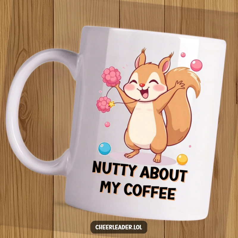 Funny mug showing a giggling squirrel performing a cartwheel with pom-poms, full of boundless energy and infectious joy, ideal gift.