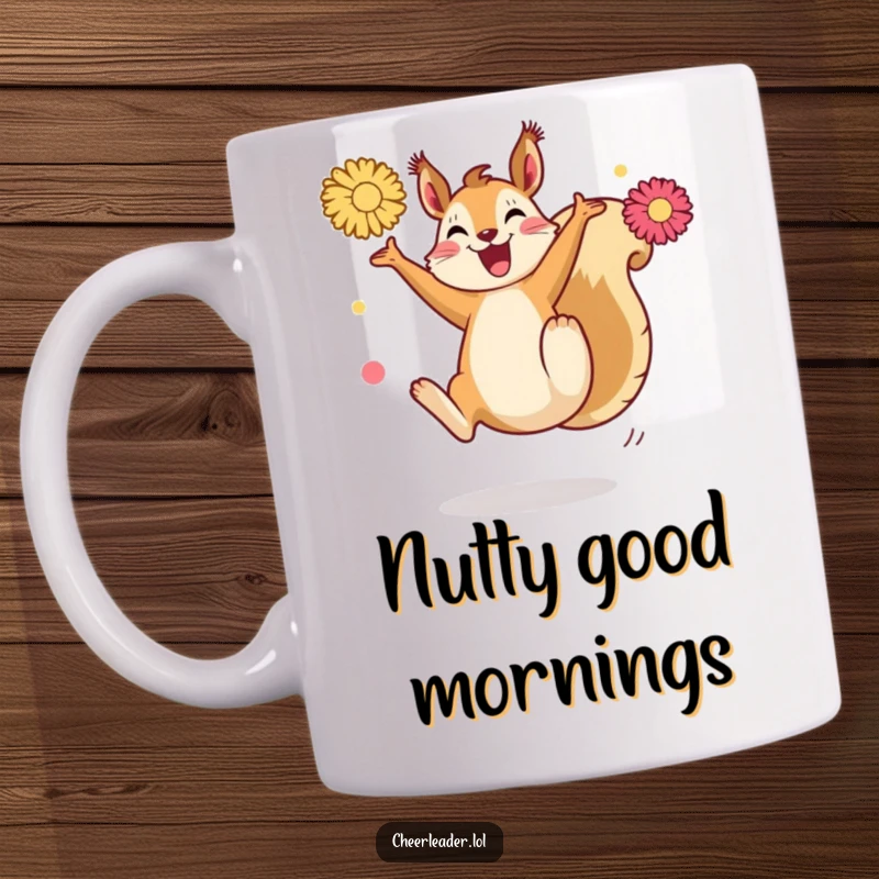 Funny Squirrel Kick Mug: A joyful squirrel executing a dynamic high kick while holding energetic pom-poms, full of playful spirit.