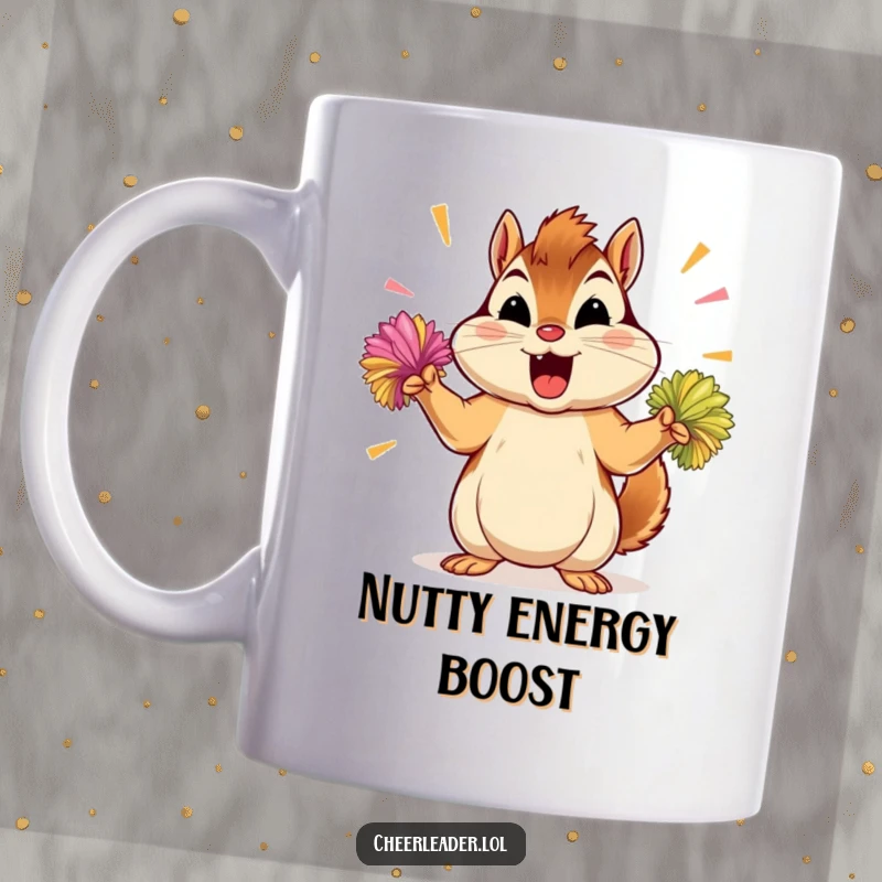 Funny chipmunk mug, shouting encouragement and shaking vibrant pom-poms, exuding unstoppable energy and determination.