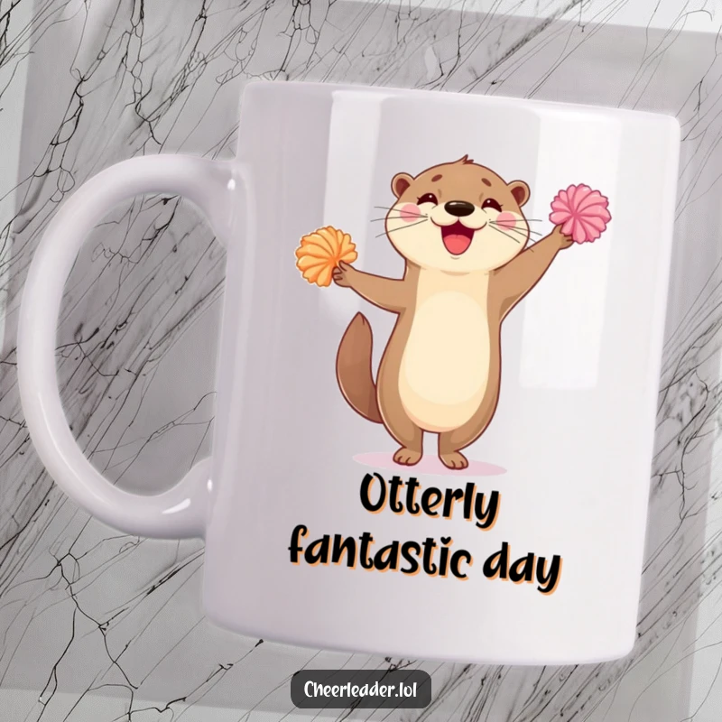 Funny mug featuring a happy otter balancing on one leg and enthusiastically waving colorful pom-poms, radiating joy and celebration.