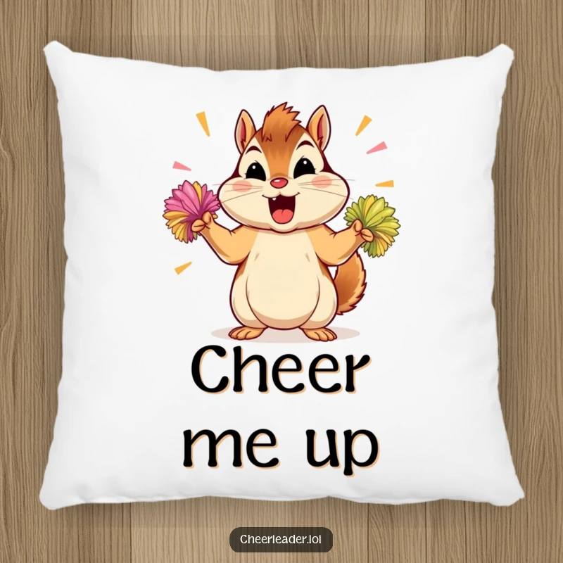 Funny chipmunk pillow, soft and decorative, showcasing a determined chipmunk shaking energetic pom-poms.