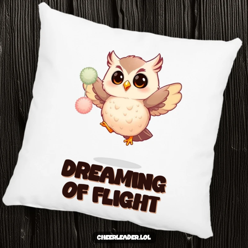 Funny pillow illustration of a giggling owl enthusiastically performing a jump with bright, fluffy pom-poms, exuding pure happiness.