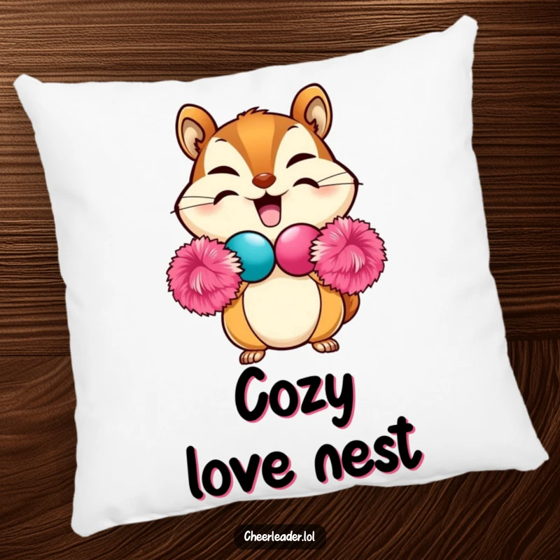 Funny Chipmunk Pillow with a beaming chipmunk forming a heart shape using two pom-poms, soft and decorative for a humorous touch.