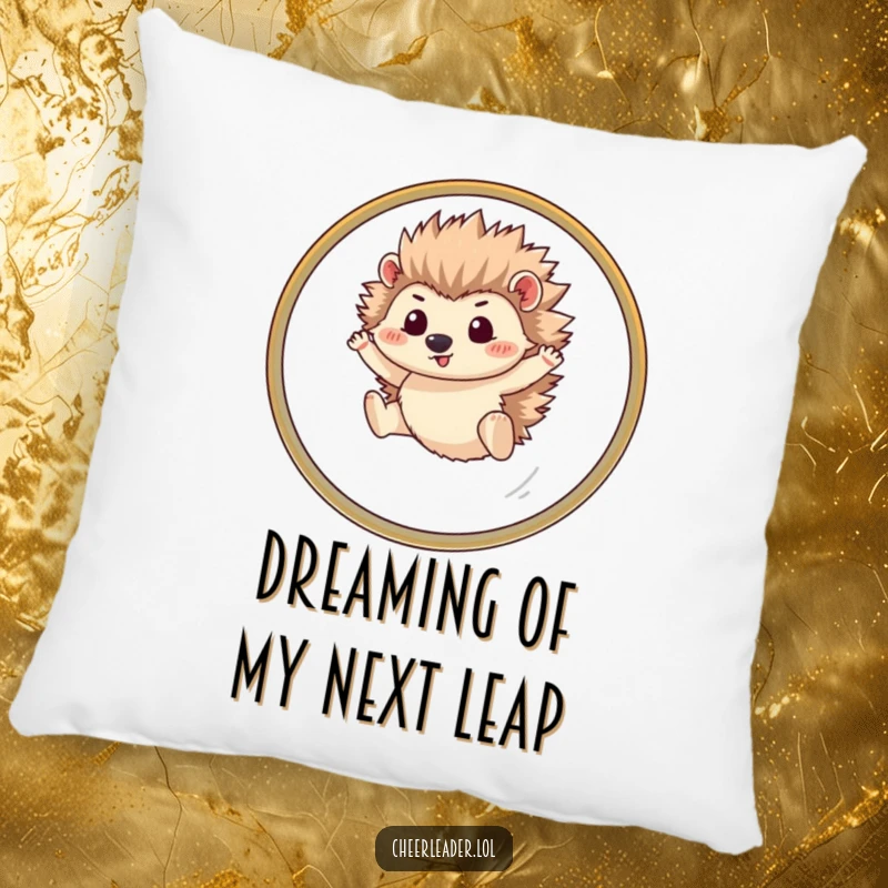 Funny hedgehog pillow showcasing a determined pet leaping through a hoop, providing humorous comfort and a touch of whimsical decor.