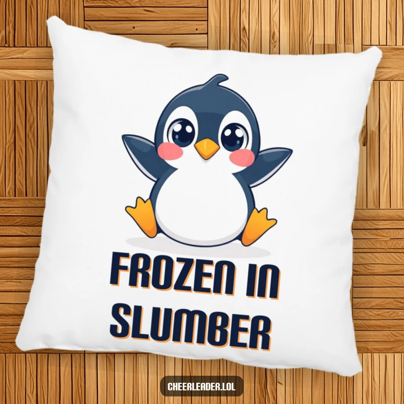 Funny pillow featuring a penguin in a wide-eyed, dramatic split, ready for a laugh.