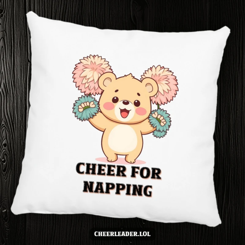 Funny pillow with a happy bear cub enthusiastically waving large, fluffy pom-poms, offering comfort and a touch of cheer-themed humor.