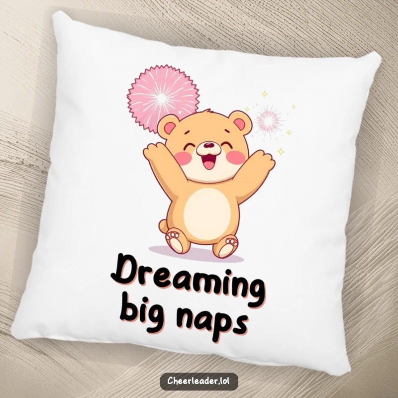 Funny pillow featuring a smiling bear cub tossing a giant sparkly pom-pom, bringing joy and comfort.