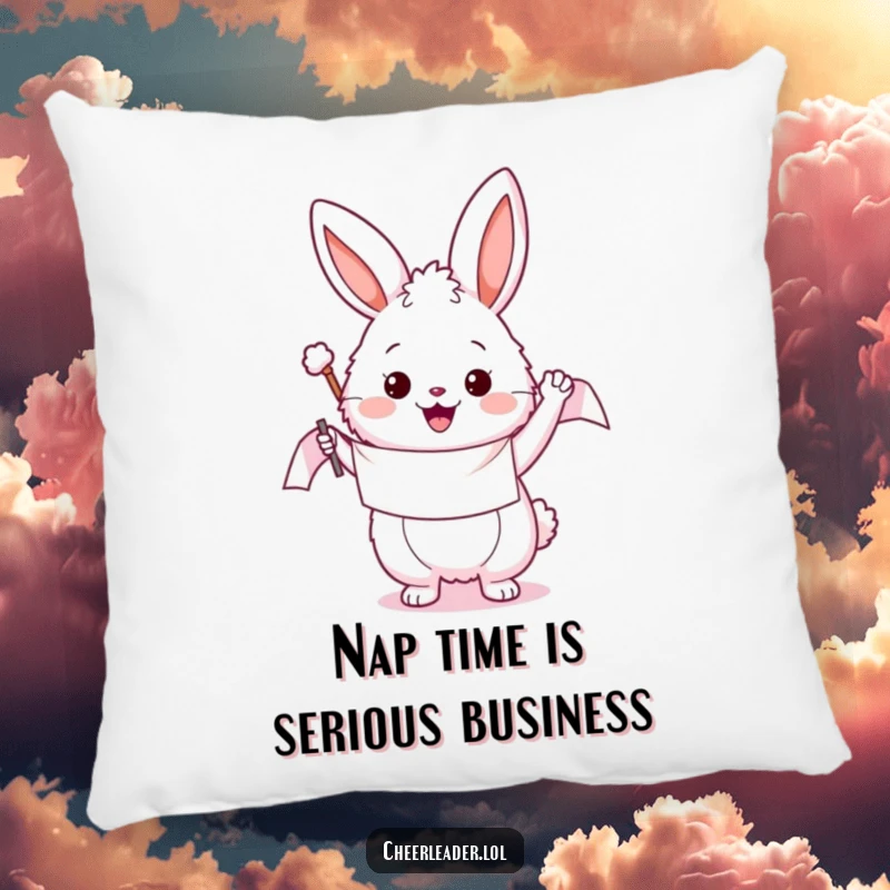 Funny pillow showcasing a fluffy bunny enthusiastically waving a banner, providing soft comfort and a cheerful accent to any room's decor.