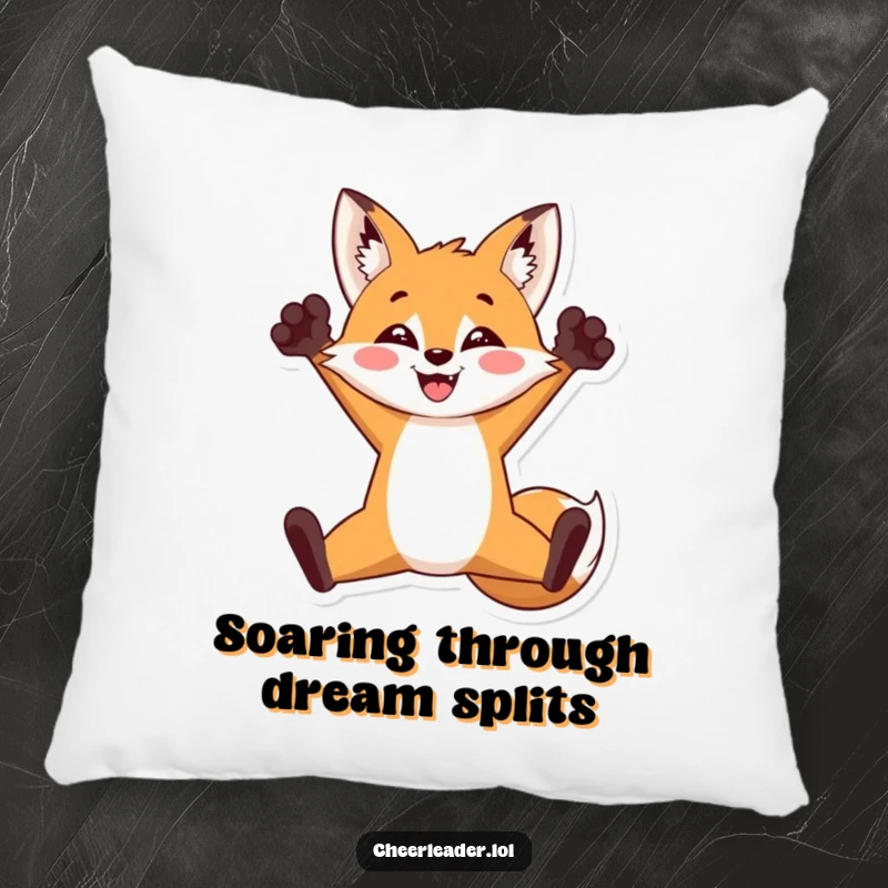 Funny pillow showcasing a triumphant fox doing a dynamic split jump with paws raised, offering comfort and humor, ideal funny gift.