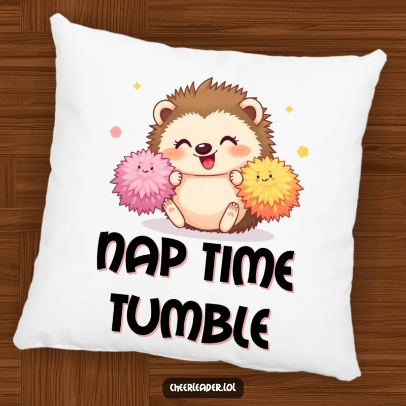 Funny Hedgehog Pillow featuring a happy hedgehog tumbling with bright pom-poms, a soft and decorative item for cute humor.