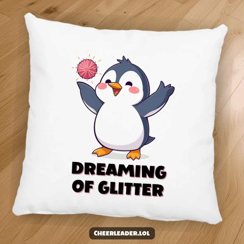Funny pillow showcasing a penguin in a dynamic pose, tossing a sparkly pom-pom, adding a touch of performance magic and playful cheer to any room.